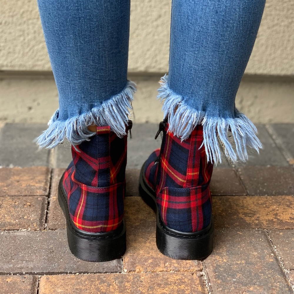 Red/Navy Sweater Plaid Lace Up Combat Boots - Picture 7 of 7